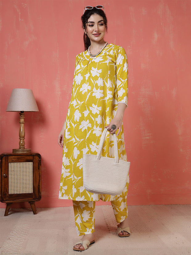 Yellow Printed Two Piece Cotton Co-ord Set for Women