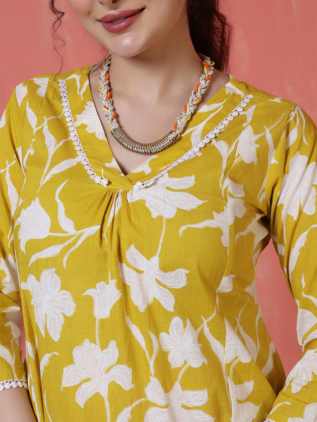 Yellow Printed Two Piece Cotton Co-ord Set for Women