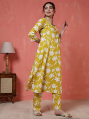 Yellow Printed Two Piece Cotton Co-ord Set for Women