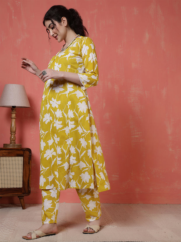 Yellow Printed Two Piece Cotton Co-ord Set for Women