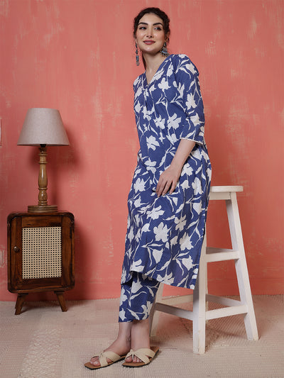 Blue Printed Two Piece Cotton Co-ord Set for Women