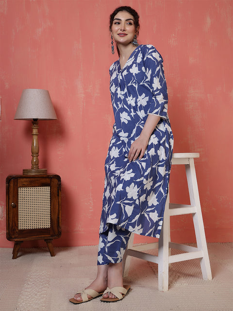 Blue Printed Two Piece Cotton Co-ord Set for Women