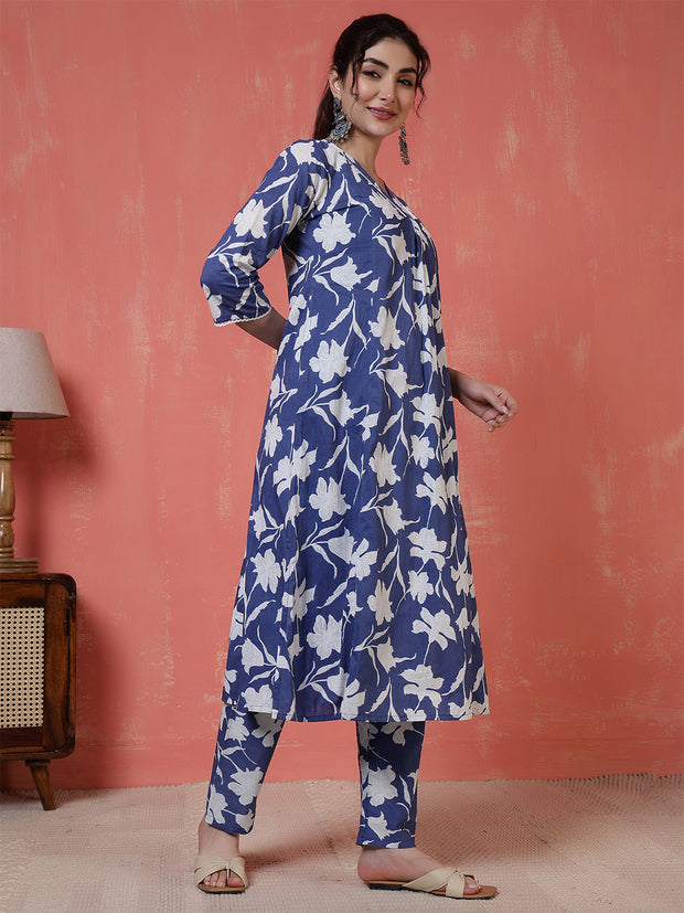Blue Printed Two Piece Cotton Co-ord Set for Women