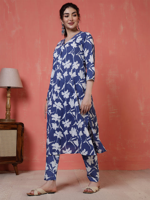 Blue Printed Two Piece Cotton Co-ord Set for Women
