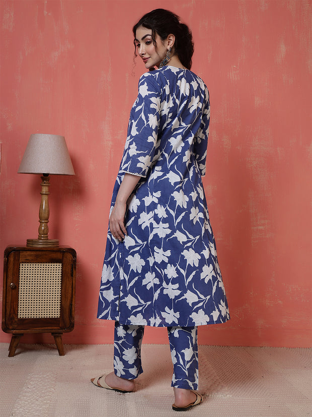 Blue Printed Two Piece Cotton Co-ord Set for Women