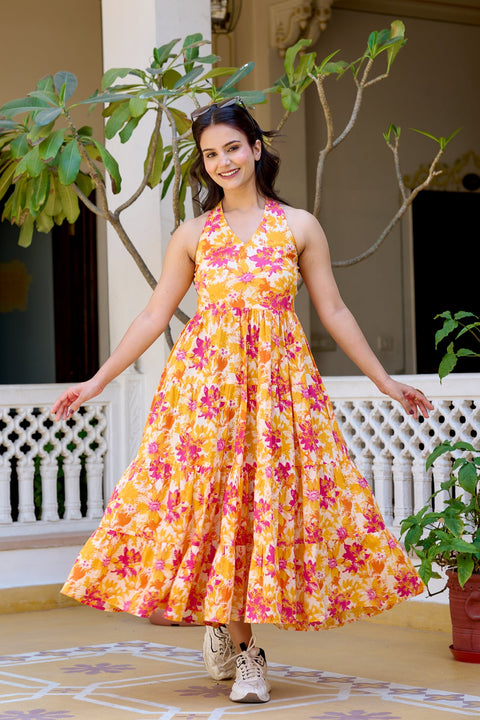 Floral Printed Pure Cotton Fit & Flare Ethnic Dress for Women Nayo Clothing Floral Printed Pure Cotton Fit & Flare Ethnic Dress for Women Nayo Clothing