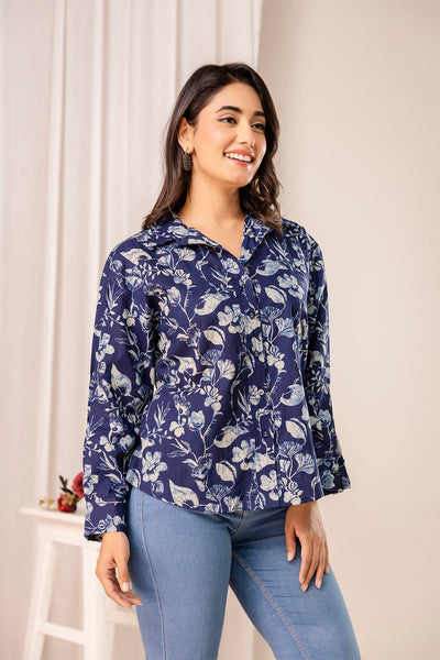 Blue Floral Printed Shirt for Women