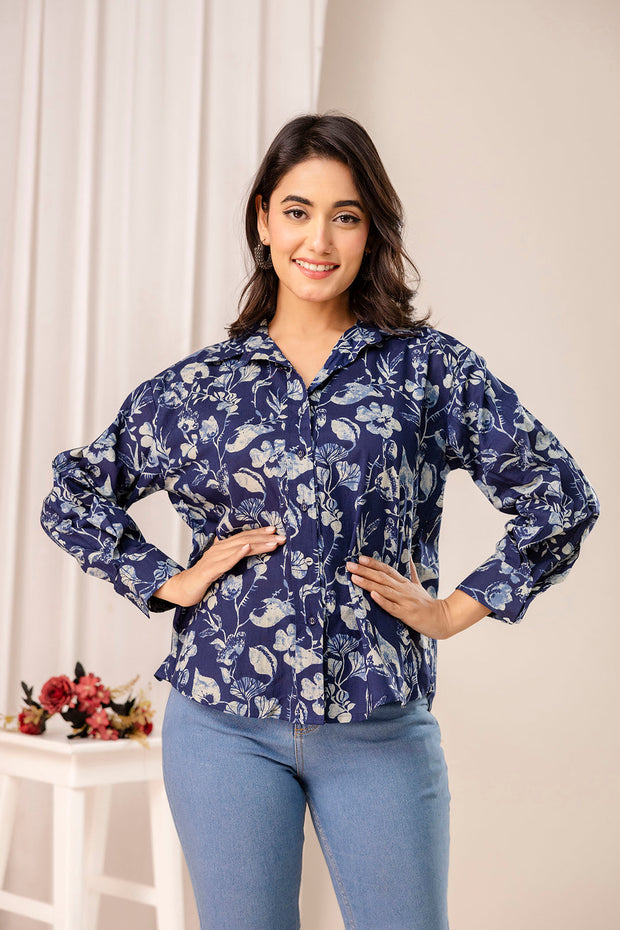 Blue Floral Printed Shirt for Women