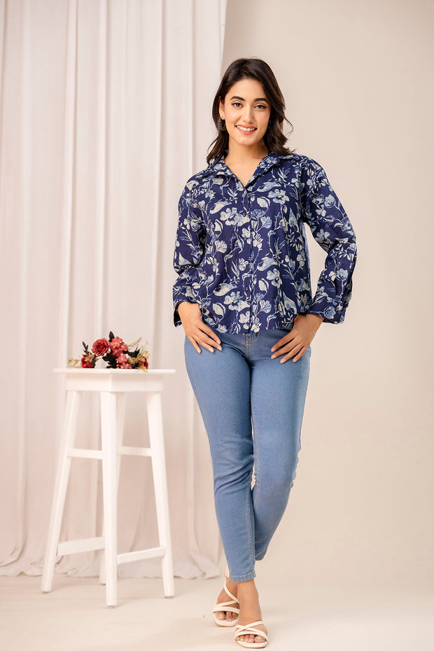Blue Floral Printed Shirt for Women