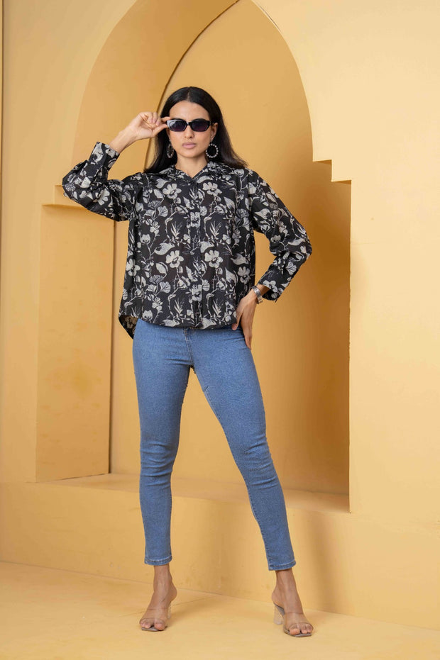 Women Black Printed Shirt Style Top