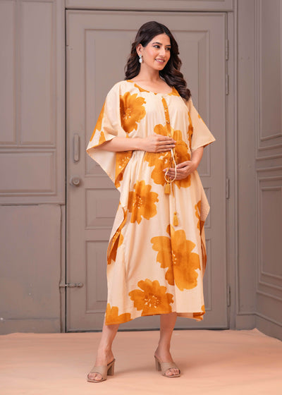 Mustard Floral Printed Kaftaan Maternity Dress for Women