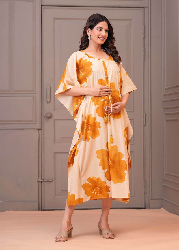 Mustard Floral Printed Kaftaan Maternity Dress for Women