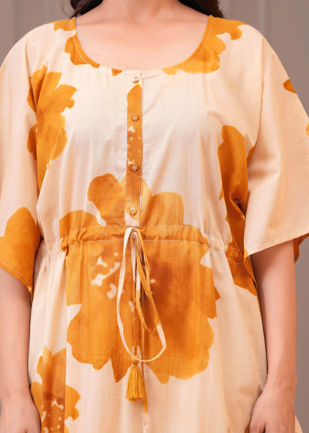 Mustard Floral Printed Kaftaan Maternity Dress for Women