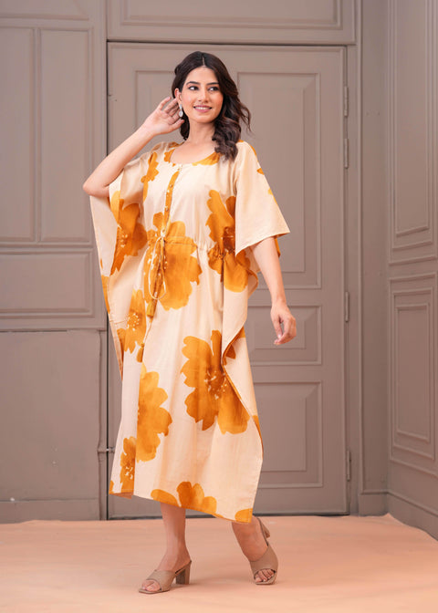 Mustard Floral Printed Kaftaan Maternity Dress for Women
