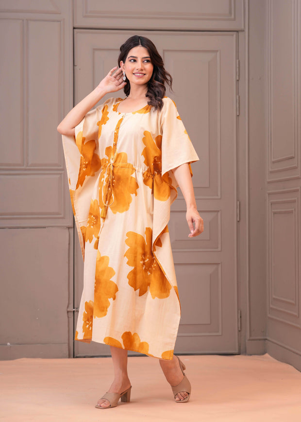 Mustard Floral Printed Kaftaan Maternity Dress for Women