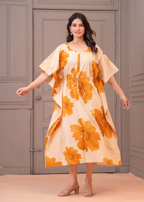 Mustard Floral Printed Kaftaan Maternity Dress for Women