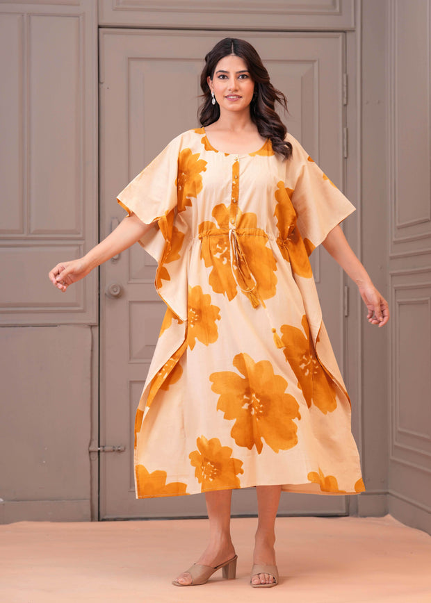 Mustard Floral Printed Kaftaan Maternity Dress for Women