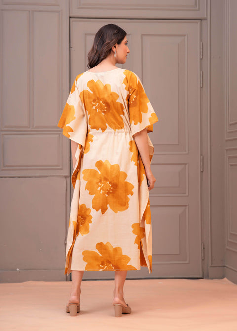 Mustard Floral Printed Kaftaan Maternity Dress for Women