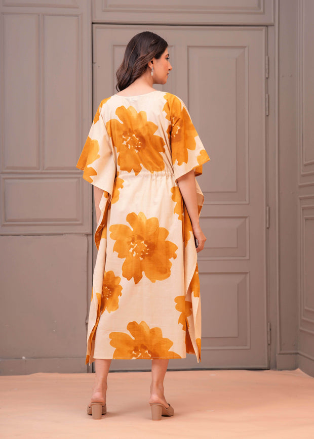 Mustard Floral Printed Kaftaan Maternity Dress for Women