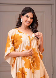 Mustard Floral Printed Kaftaan Maternity Dress for Women