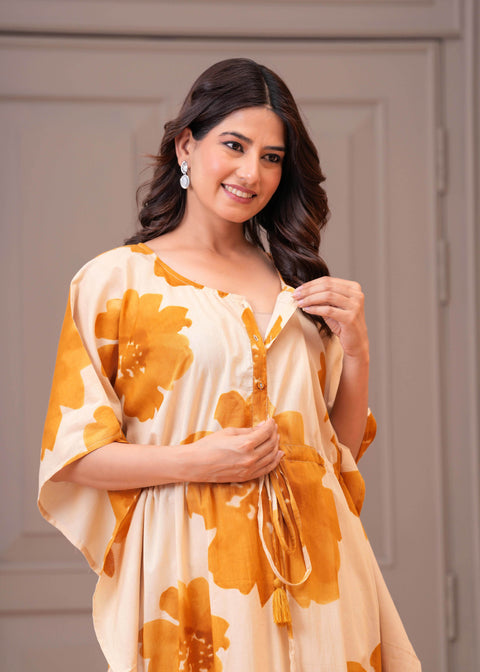 Mustard Floral Printed Kaftaan Maternity Dress for Women