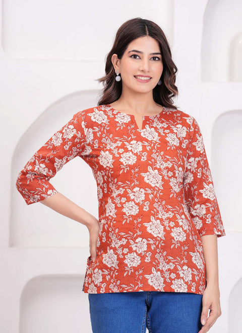 Rust Floral Printed Tunic for Women