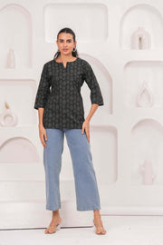Black Floral Printed Tunic for Women
