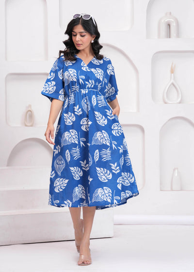 Blue Printed Midi Dress for Women