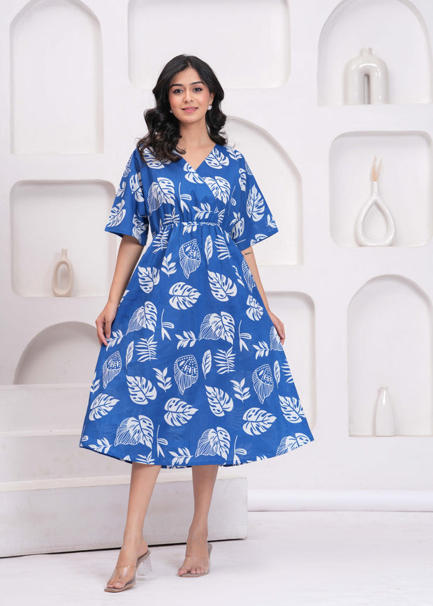 Blue Printed Midi Dress for Women
