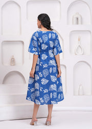 Blue Printed Midi Dress for Women