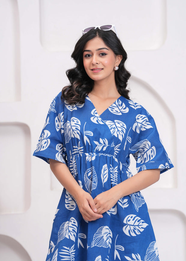 Blue Printed Midi Dress for Women
