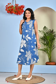 Blue Printed Midi Dress for Women