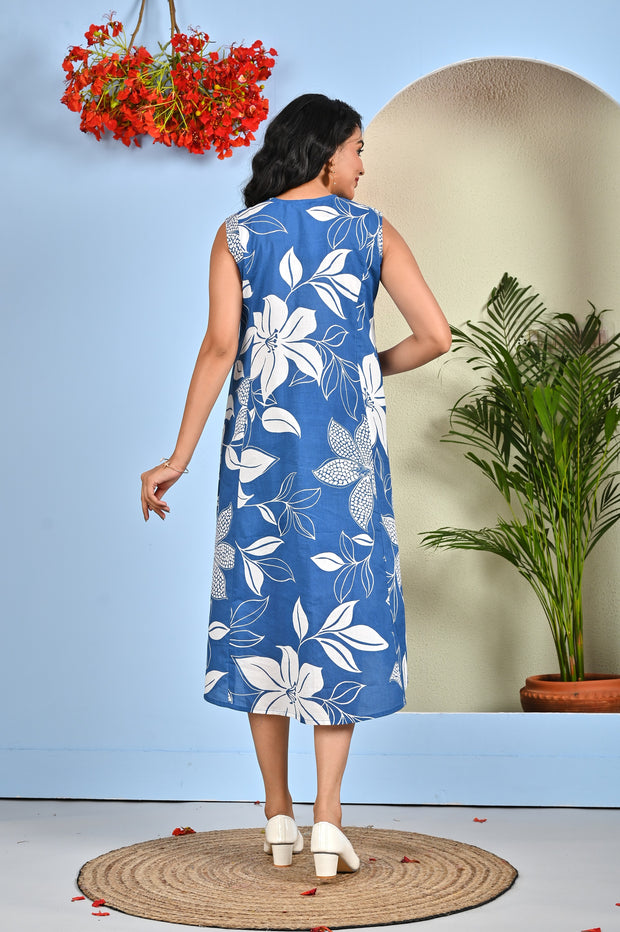 Blue Printed Midi Dress for Women