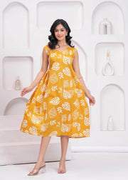Yellow Printed Midi Dress for Women
