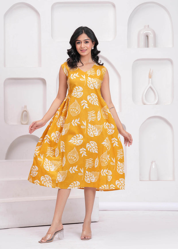 Yellow Printed Midi Dress for Women