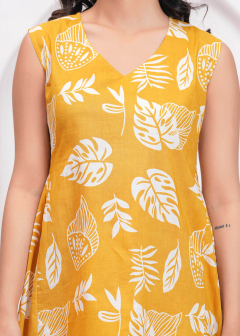 Yellow Printed Midi Dress for Women