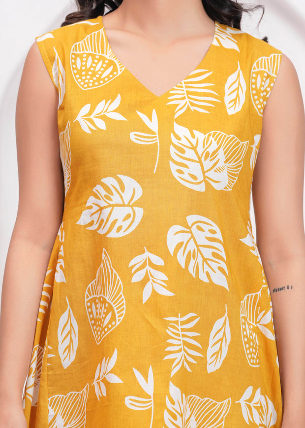 Yellow Printed Midi Dress for Women