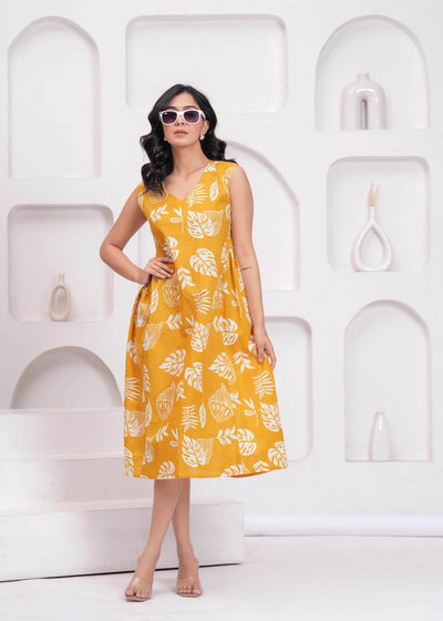 Yellow Printed Midi Dress for Women