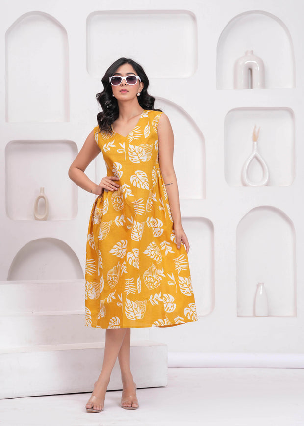 Yellow Printed Midi Dress for Women