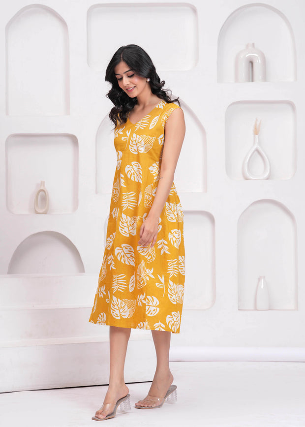 Yellow Printed Midi Dress for Women