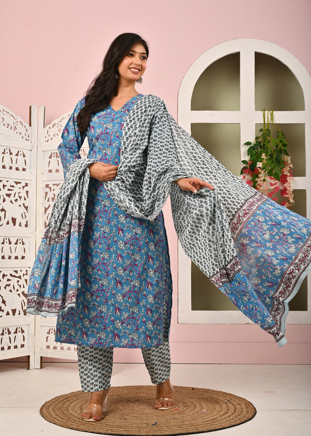 Blue Printed Kurta Set with Dupatta for Women