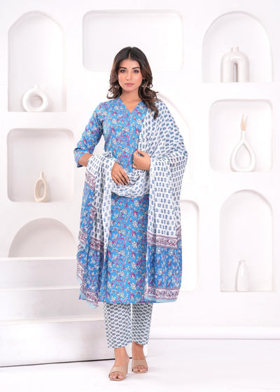 Blue Printed Kurta Set with Dupatta for Women