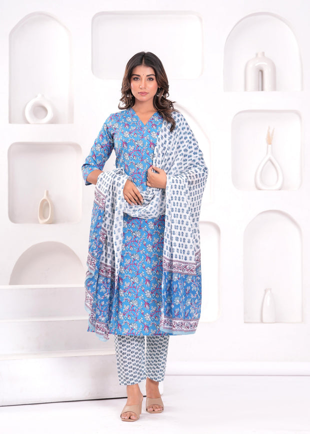 Blue Printed Kurta Set with Dupatta for Women