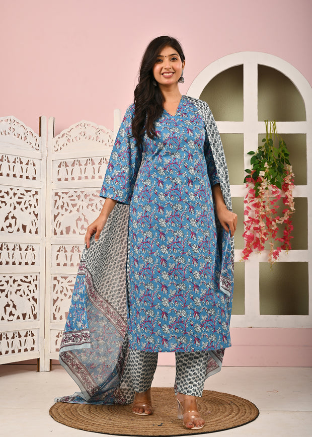 Blue Printed Kurta Set with Dupatta for Women