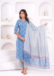 Blue Printed Kurta Set with Dupatta for Women