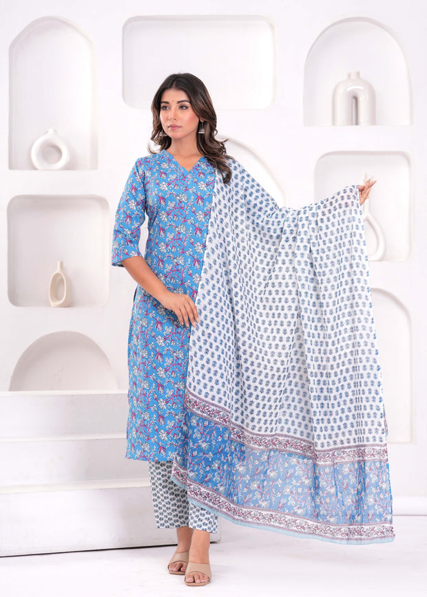 Blue Printed Kurta Set with Dupatta for Women