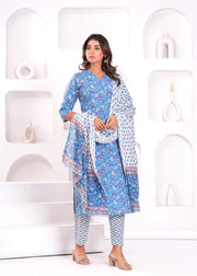 Blue Printed Kurta Set with Dupatta for Women