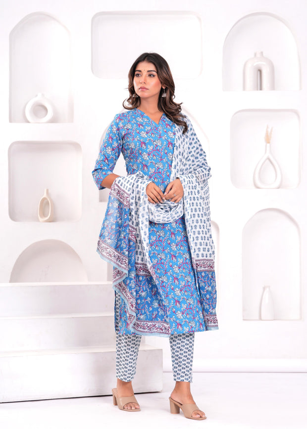 Blue Printed Kurta Set with Dupatta for Women