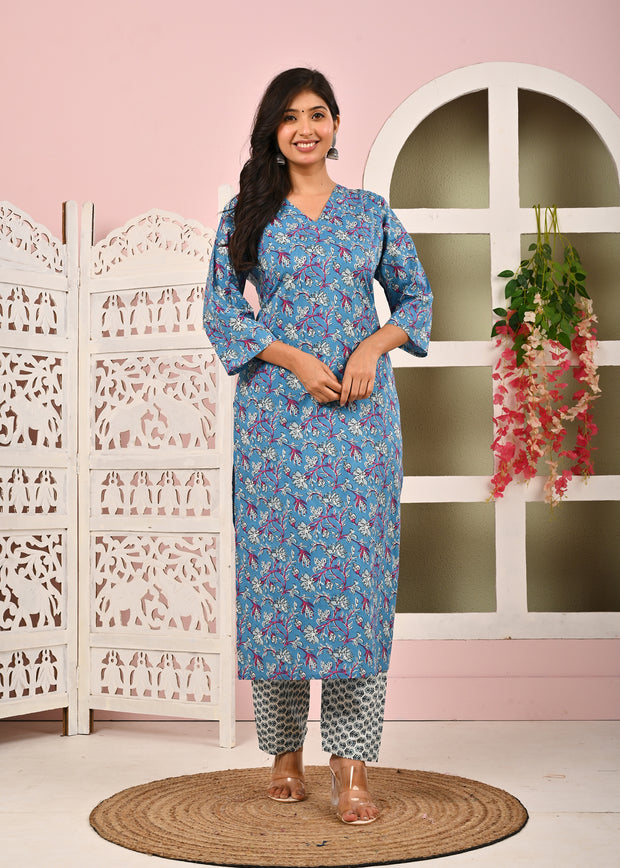 Blue Printed Kurta Set with Dupatta for Women