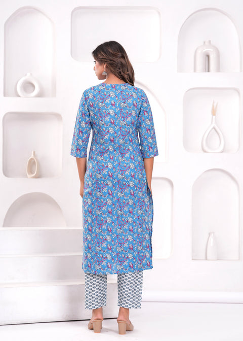 Blue Printed Kurta Set with Dupatta for Women